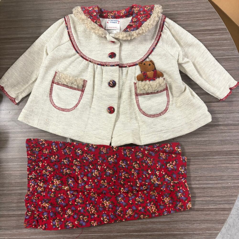 Vintage Catton Candy Teddy Bear Pocket Jacket & Floral Pants Set 0-6m